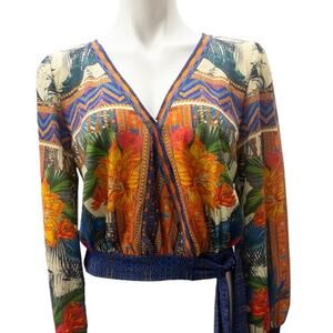 Flying Tomato Wrap Blouse Top Side Tie Women's Medium Blue Orange